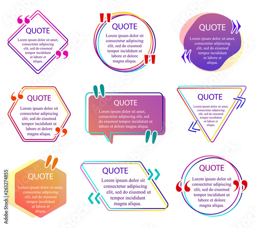 Quote info box. Set of color quotes bubble templates. Text remark frame, quotes reference label and texting dialogue words excerpt frames boxes or mention balloon. Vector Quote info box