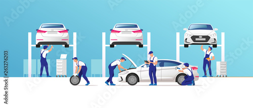 Auto service and repair. Cars in maintenance workshop with mechanics team. Vector illustration.