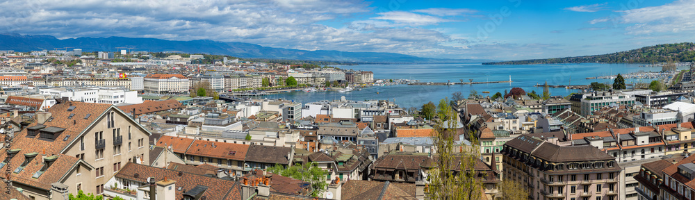 Panorama view of Geneva city and lake in background in sunny day.