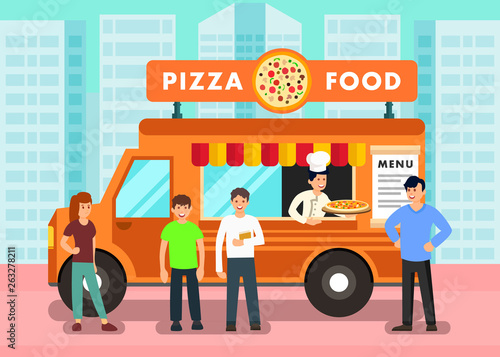 Food Truck in Modern City Vector Illustration