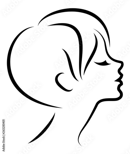 Silhouette of the head of a cute lady. The girl shows the hair bob care with short and medium hair. Suitable for logo, advertising. Vector illustration.