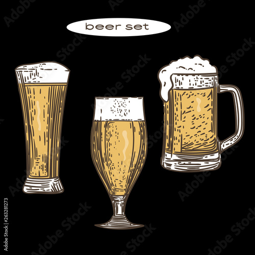 Vector hand drawn of beers on black background.