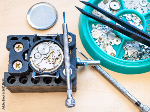 tools and spare parts prepared for watch repairing