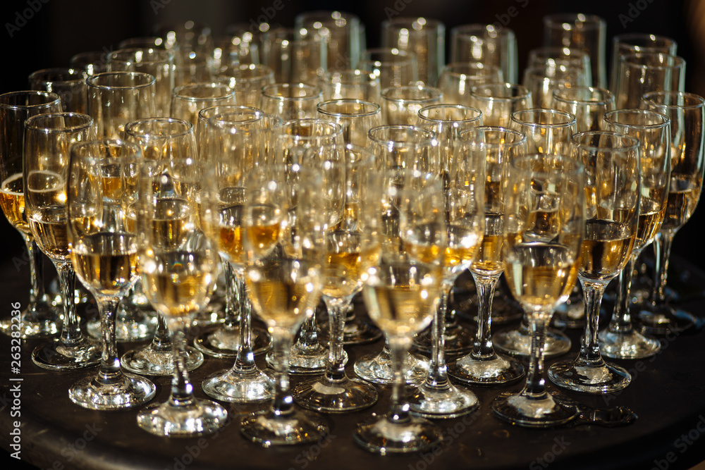 Beautiful glasses with wine champagne drinking at wedding, event, party, birthday, and important moments