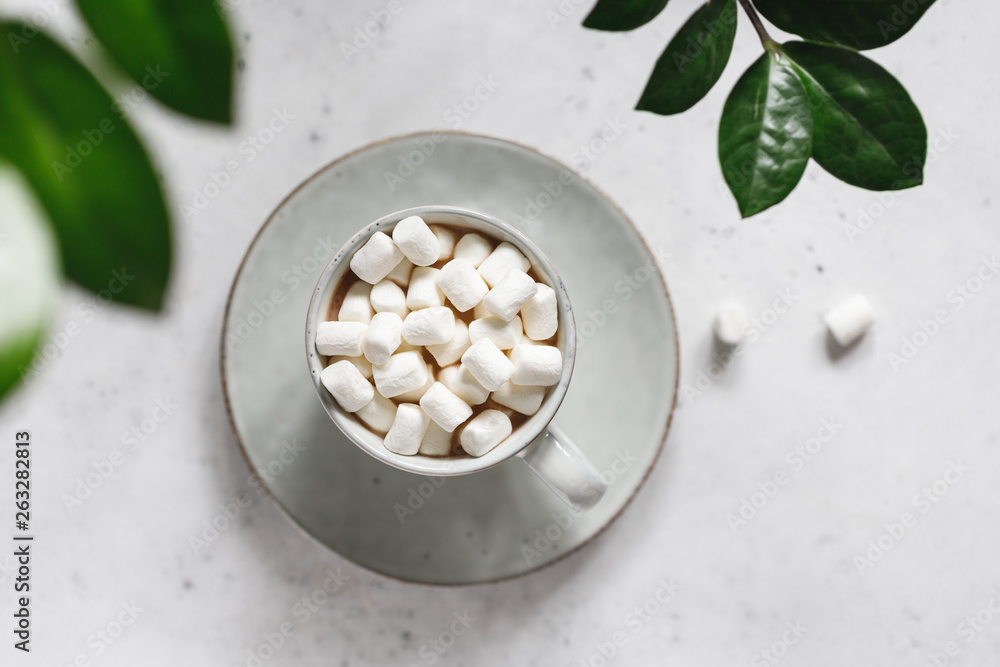 Hot chocolate with marshmallow in a ceramic mug over textured white background. Minimalist style, top view, copy space. Hot chocolate with marshmallow in a ceramic mug over textured white background. Minimalist style, top view, copy space.
