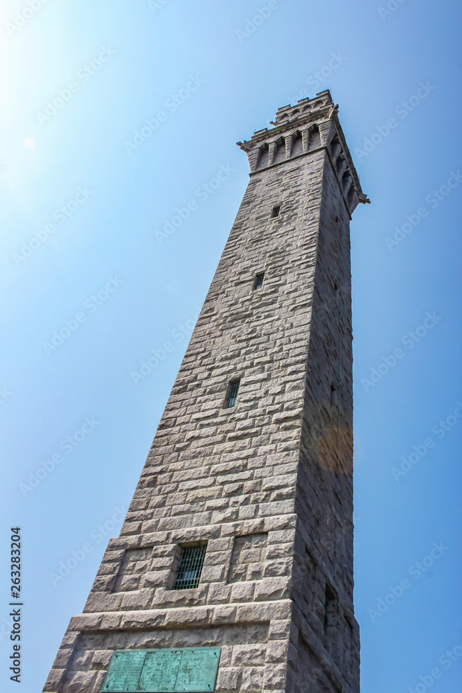 Looking up at the Pilgrim Monument in Provincetown Cape Cod that commemorates the Mayflower Pilgrims first landing in the New World