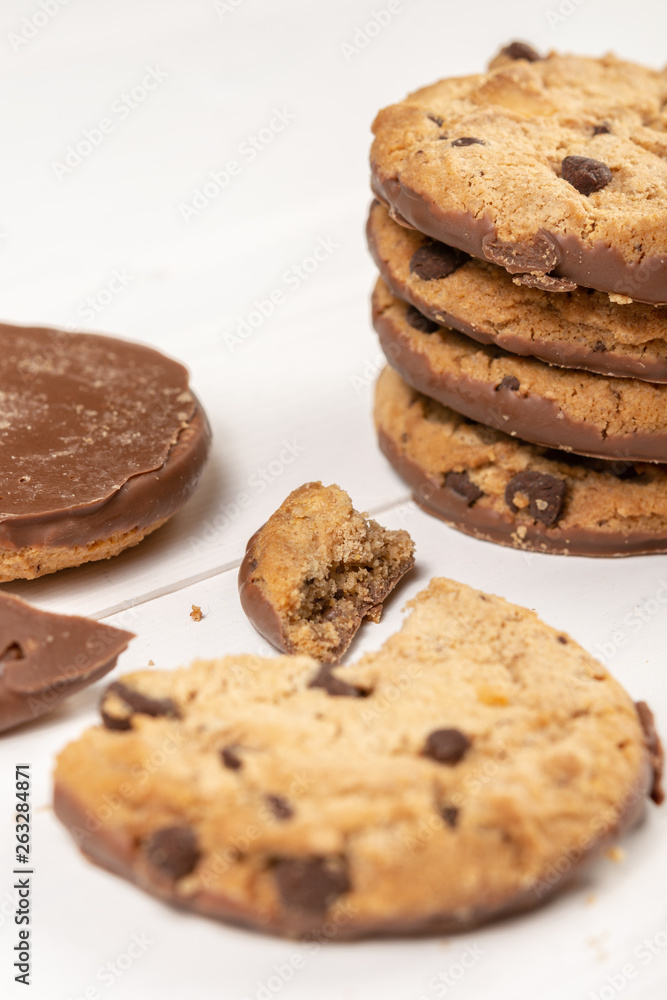 Crisp Cookie Biscuits With Chocolate Isolated Above White Background Crisp Cookie Biscuits With Chocolate Isolated Above White Background