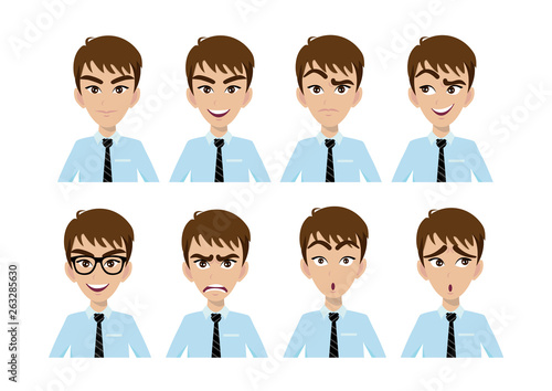 Face expressions of handsome businessman. Different male emotions set. Smart cartoon character. Vector illustration isolated on white background
