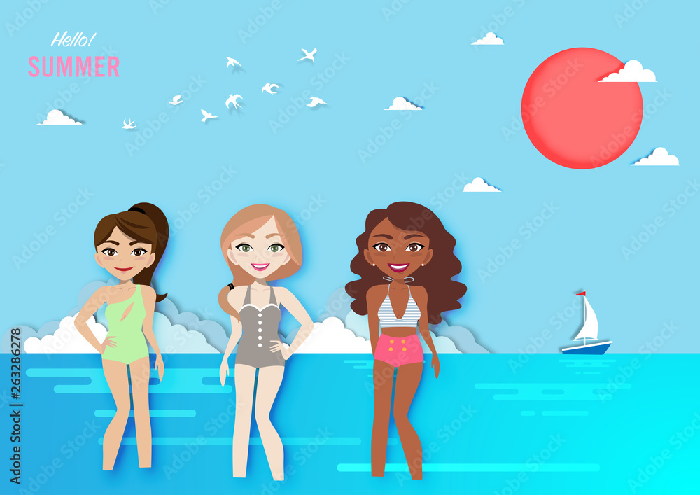 Summer season cartoon character woman, different female faces isolated in paper art style Cute lady character creation set. Young lady and pretty girl smiling in colorful vintage swimming suit vector