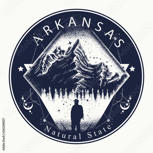 Arkansas. Tattoo and t-shirt design. Welcome to Arkansas, (USA). Natural state slogan. Travel art concept photo