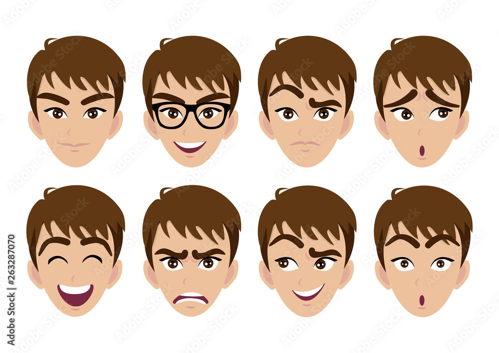 Set of man face and different emotions. Vector character illustration in  cartoon style Business man cartoon character creation set. Young boy and  Beautiful smiling businessman, Vector and illustration Stock Vector | Adobe