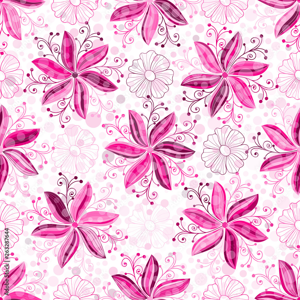 Seamless pattern with striped pink flowers and curls and dots Seamless pattern with striped pink flowers and curls and dots