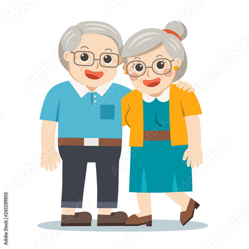 Grandpa and grandma standing together. Two old persons man and woman of retirees.
