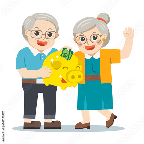 Happy Grandpa and grandma standing together with gold piggy bank. Two old persons man and woman of retirees. Grandparents celebrating financial success.