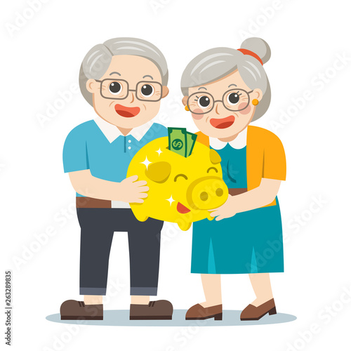 Happy Grandpa and grandma standing together with gold piggy bank. Two old persons man and woman of retirees. Grandparents celebrating financial success.