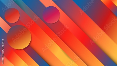 Abstract 16:9 size background with light diagonal and circle shapes. Colorful layers fluid motion design.