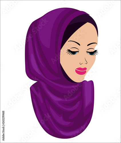 Silent head of a sweet lady. On the girl is a traditional Arabic Muslim female headdress, hijab. A young and beautiful woman. Vector illustration.