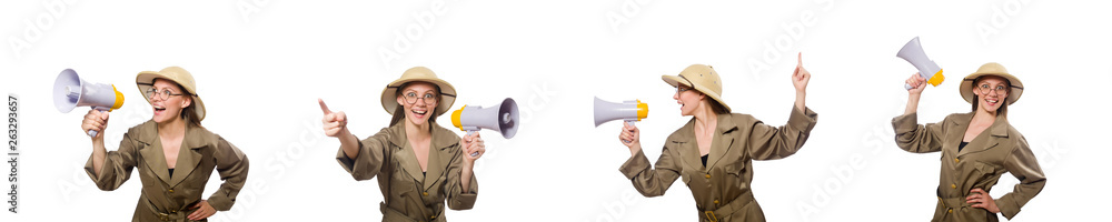 Naklejka premium Woman wearing safari hat on white