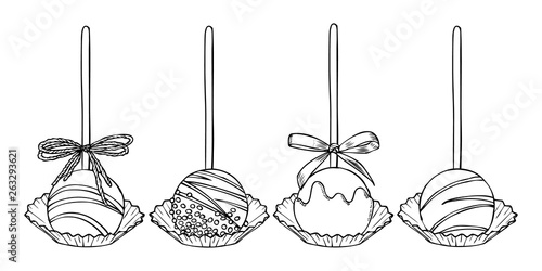Sweet cake pops on stick with sprinkles isolated on white background. Hand drawn vector illustrations set of cake pops collection in engraving style.