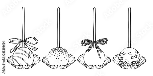 Sweet cake pops on stick with sprinkles isolated on white background. Hand drawn vector illustrations set of cake pops collection in engraving style.