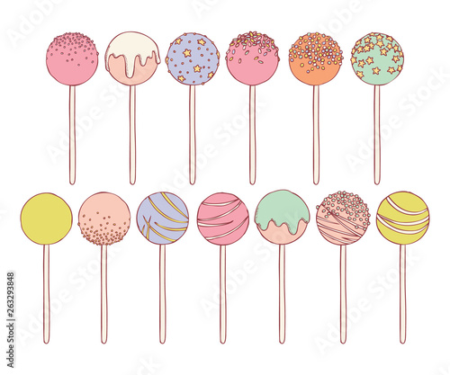 Sweet colorful cake pops on stick with sprinkles isolated on white background. Hand drawn vector illustrations set of cake pops collection in vinage style.