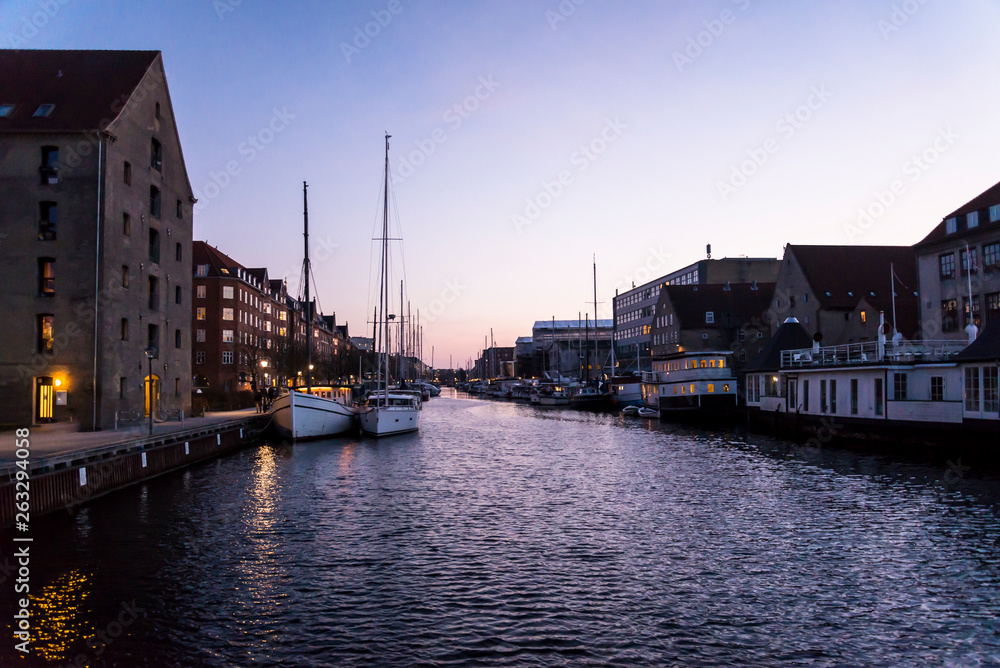 Christianshavns Kanal, Water Canal in Christianshavn at night, Copenhagen, Denmark