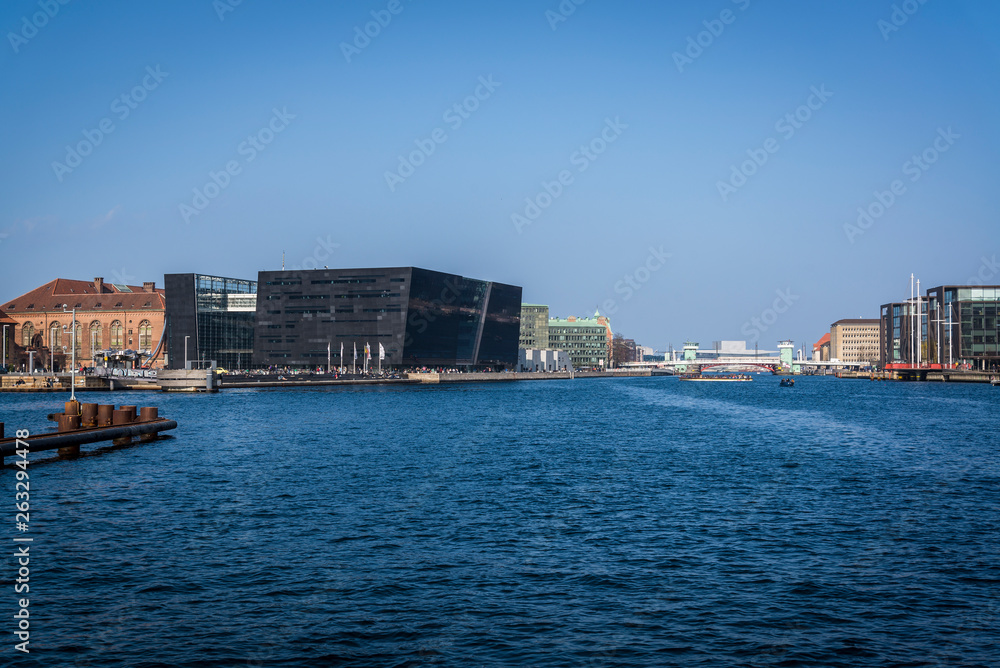 Black Diamond building and Copenhagen harbour, central Copenhagen, Denmark