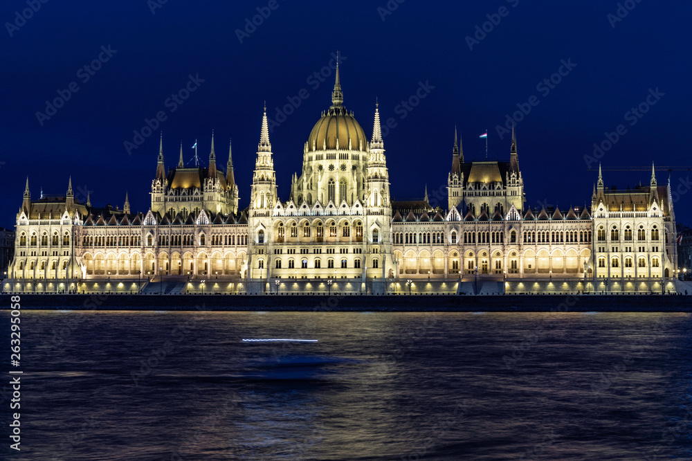 View of Budapest Parliament at dusk with its roofs at blue hour, Hungary