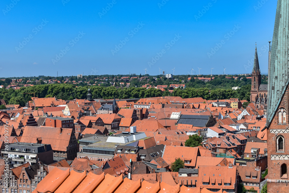 Lueneburg, Germany - June 5, 2018: View from the old water tower of the historic Hanseatic city of Lueneburg, Germany, over the rooftops of the old town.