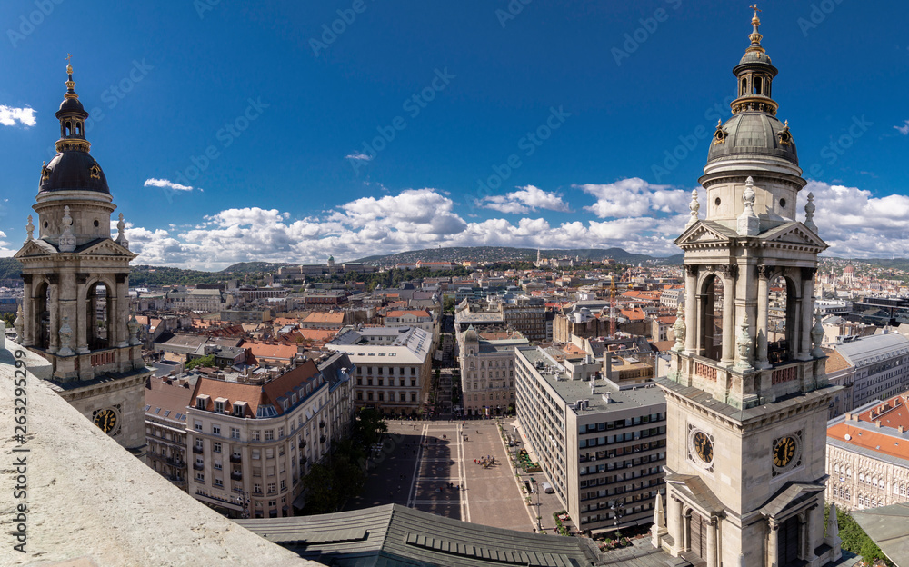 Panoramic views from the viewpoint located in the dome of St. Stephen's Cathedral, overlooking the cathedral square with both bell towers, in Budapest, Hungary.