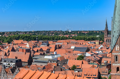 Lueneburg, Germany - June 5, 2018: View from the old water tower of the historic Hanseatic city of Lueneburg, Germany, over the rooftops of the old town.