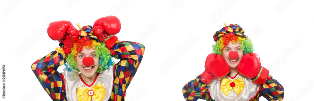 Clown with boxing gloves isolated on white Clown with boxing gloves isolated on white