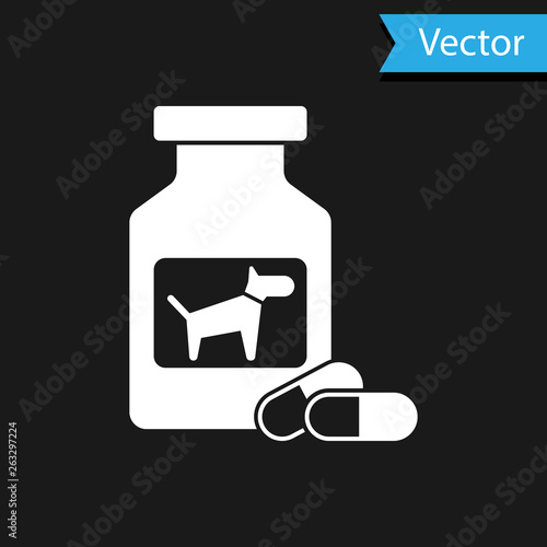 White Dog medicine bottle and pills icon isolated on black background. Container with pills. Prescription medicine for animal. Vector Illustration