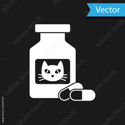 White Cat medicine bottle and pills icon isolated on black background. Container with pills. Prescription medicine for animal. Vector Illustration