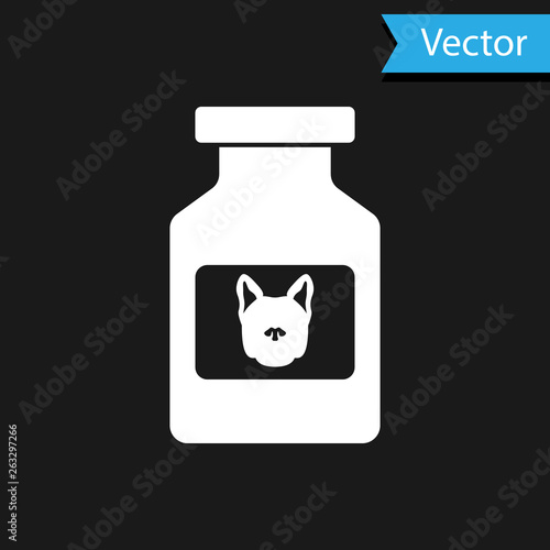 White Dog medicine bottle icon isolated on black background. Container with pills. Prescription medicine for animal. Vector Illustration