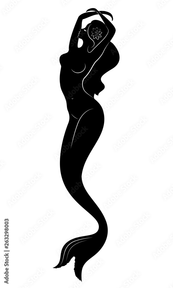 Silhouette of a mermaid. Beautiful girl is floating in the water. The lady is young and slender. Fantastic image of a fairy tale. Vector illustration