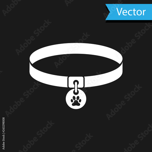 White Collar with name tag icon isolated on black background. Supplies for domestic animal. Dog or cat paw print. Cat and dog care. Pet chains. Vector Illustration