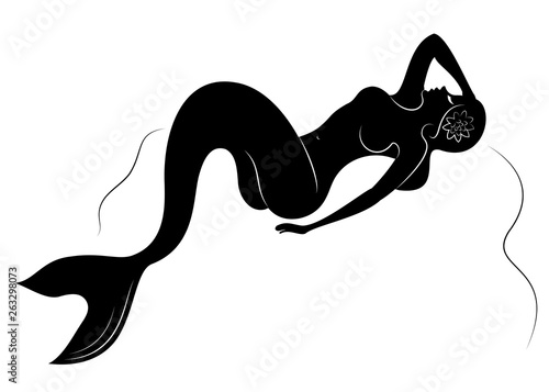 Silhouette of a mermaid. Beautiful girl is floating in the water. The lady is young and slender. Fantastic image of a fairy tale. Vector illustration