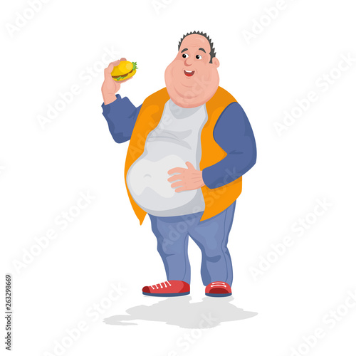 Full man eating a lot of hamburgers. vector graphics