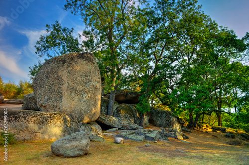 Beautiful landscape with the ancient thracian sanctuary Beglik Tash in Bulgaria