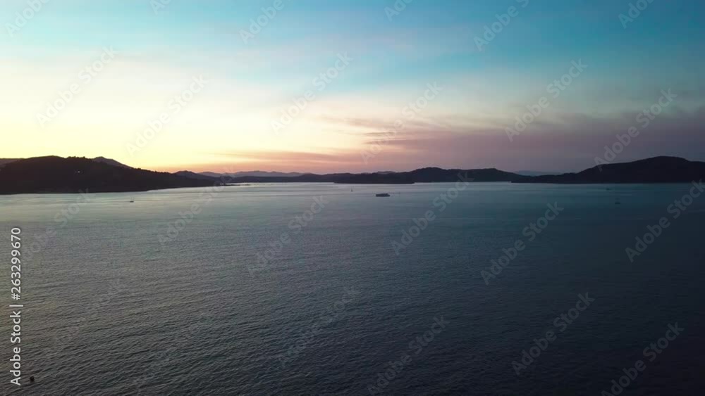 Drone Aerial of San Francisco Bay California With Gulf Water and Beautiful Colorful Skyline After Sunset Drone Aerial of San Francisco Bay California With Gulf Water and Beautiful Colorful Skyline After Sunset