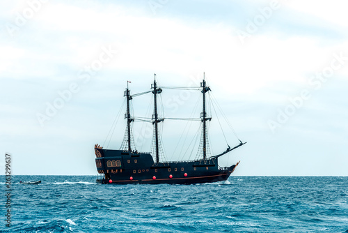 one big beautiful ship on the blue sea. Horizontal frame