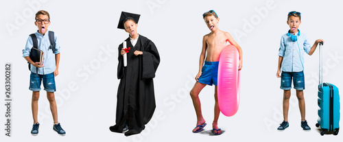 Set of student and traveller kid showing tongue at the camera having funny look