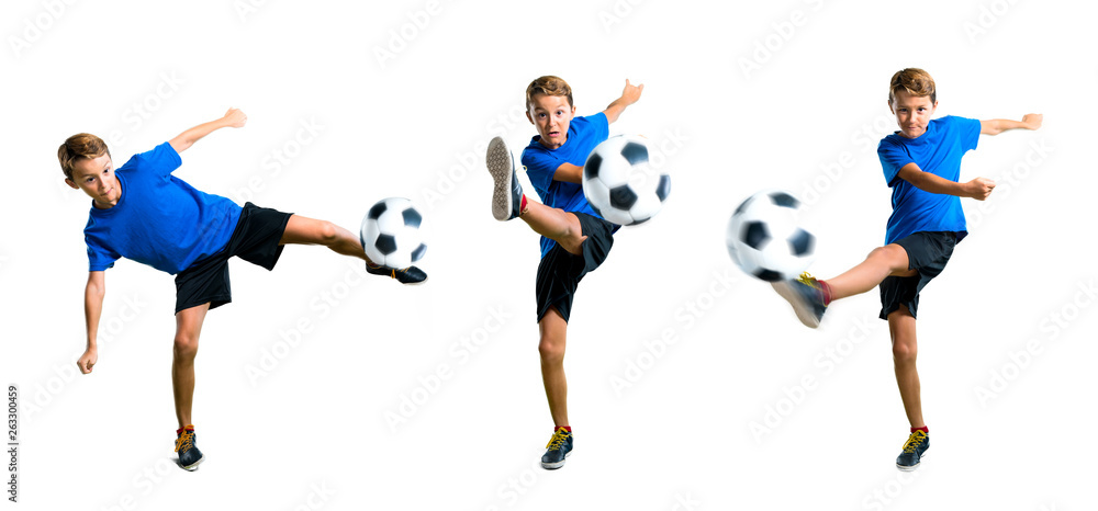 Set of Boy playing soccer kicking the ball