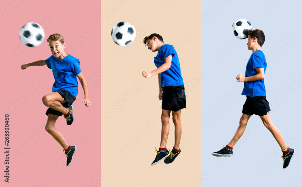 Set of Boy playing soccer hitting the ball with the head