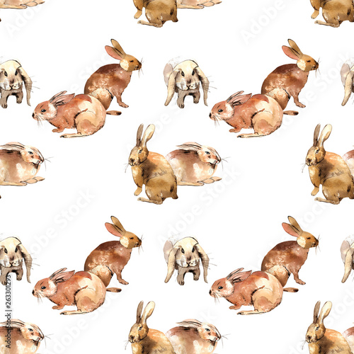 Watercolor seamless pattern with cute rabbits groups. All bunnies are drawn by hands from nature.