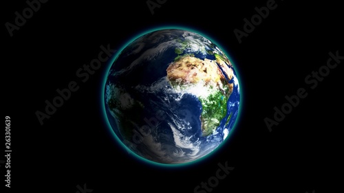 Realistic Earth Rotating on black background Loop . Globe is centered in frame, with correct rotation in seamless loop.