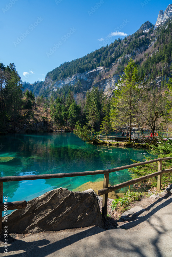 Blue lake, Blausee, in Bernese Oberland, Switzerland Blue lake, Blausee, in Bernese Oberland, Switzerland