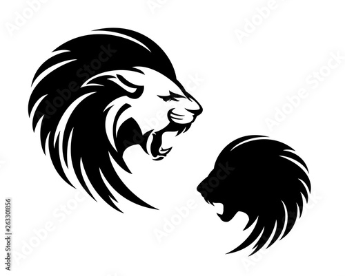 roaring lion with long mane profile head - furious animal  black and white vector outline and silhouette