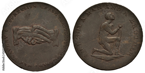 Great Britain British token 1/2 penny halfpenny circa 1795, Conder Token (18th Century Provincial Token) issued by some abolitionist society, shaking hands in center, kneeling man in chains, photo